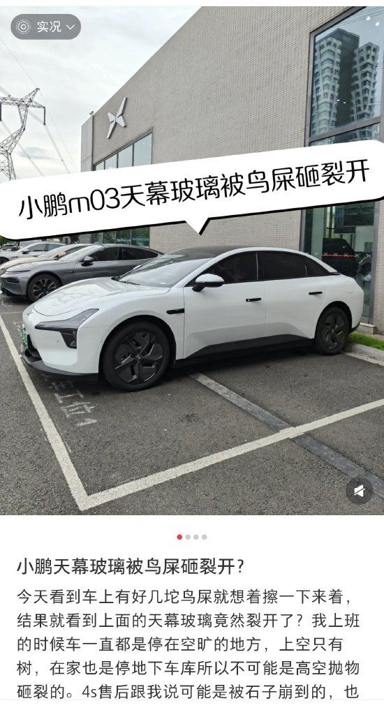 网友：小鹏MONA天幕玻璃被鸟屎砸裂！客服回应：具体情况需要门店检查！4s店售后：可能是被石子崩到的